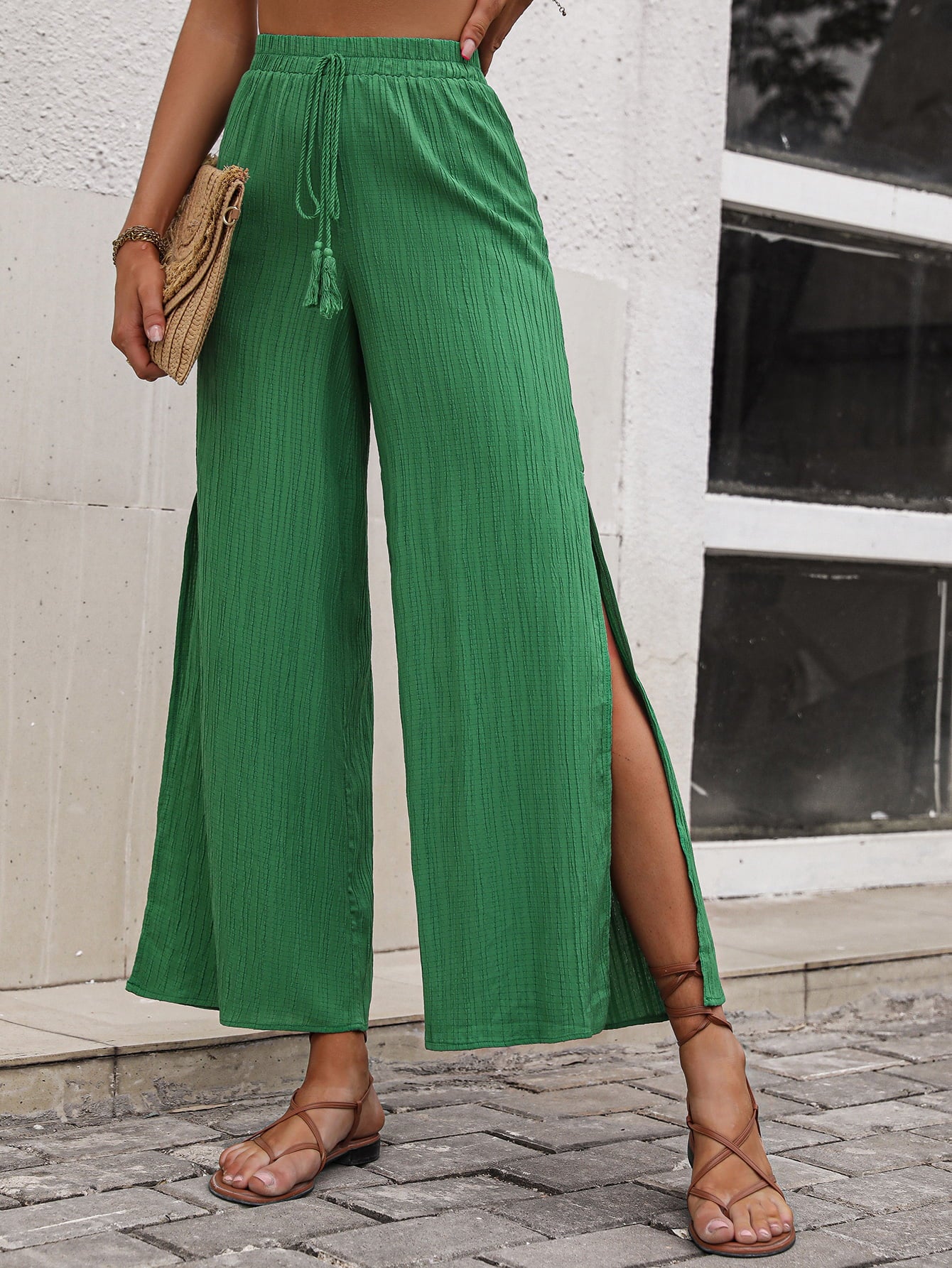 Honey High Waist Slit Wide Leg Pants Green 2f6644d5624241de8daa411ad3e37c22-Max Trendsi
