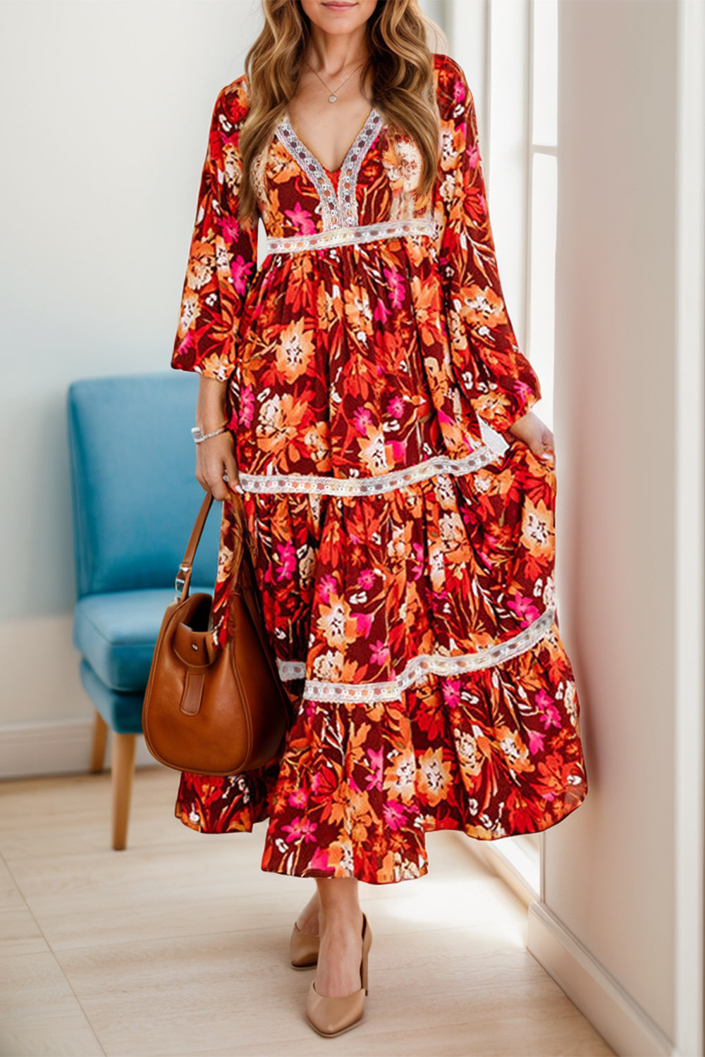Printed V-Neck Long Sleeve Midi Dress Deep Red 2f698263-b07e-4ac4-b8bd-4c1ed2a157a5-Max Glownestbest