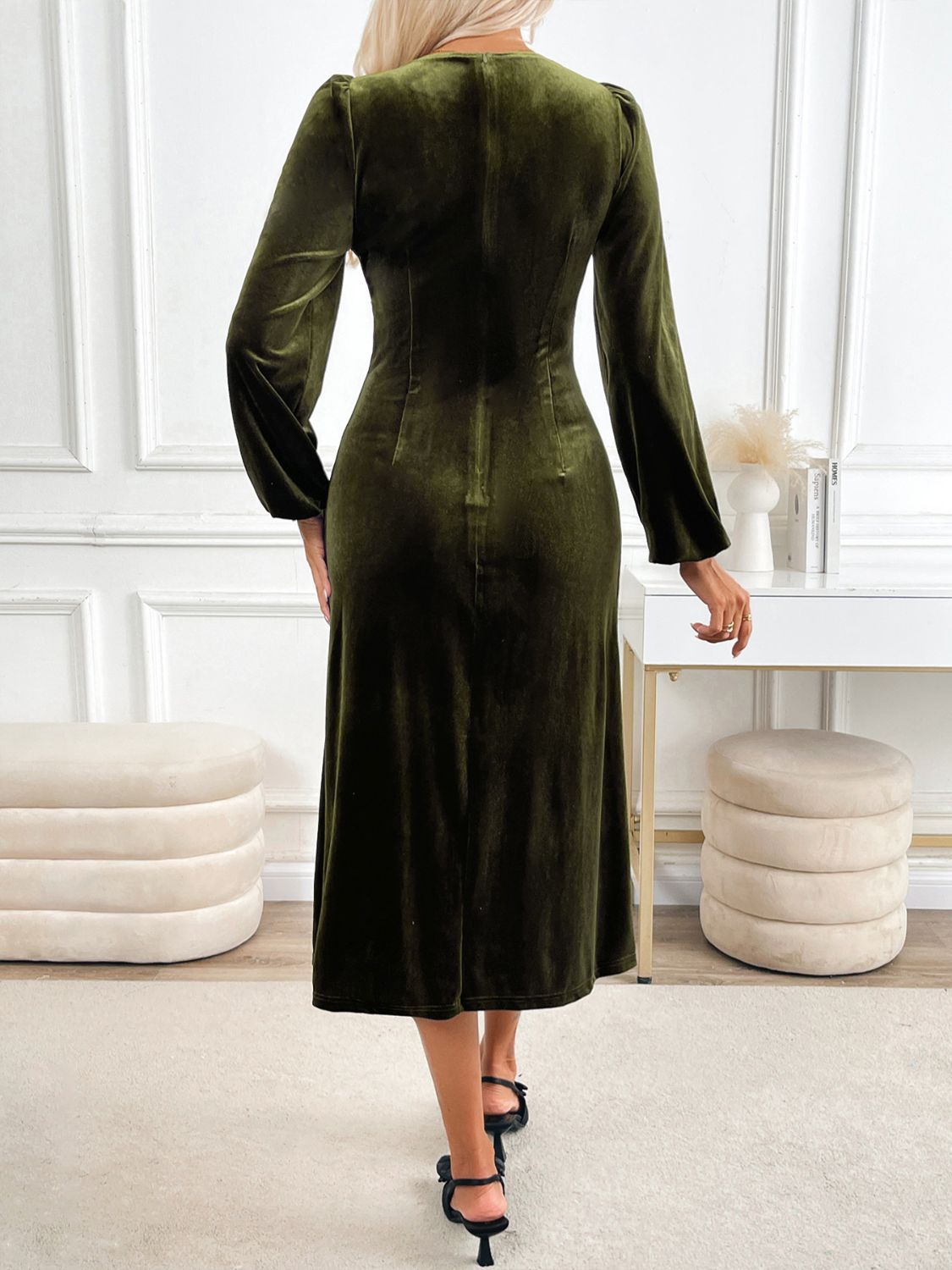 Perfee Slit V-Neck Long Sleeve Midi Dress 2f7f5693-561c-414b-a45a-85e250751b20-Max Glownestbest