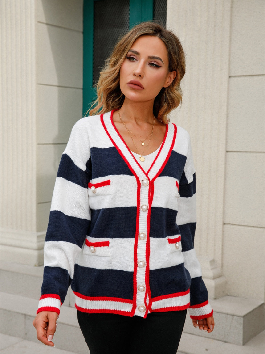 Angel Wings Striped Button Down Cardigan Navy 2f80e98560dc4a8ba54602e361839814-Max Glownestbest
