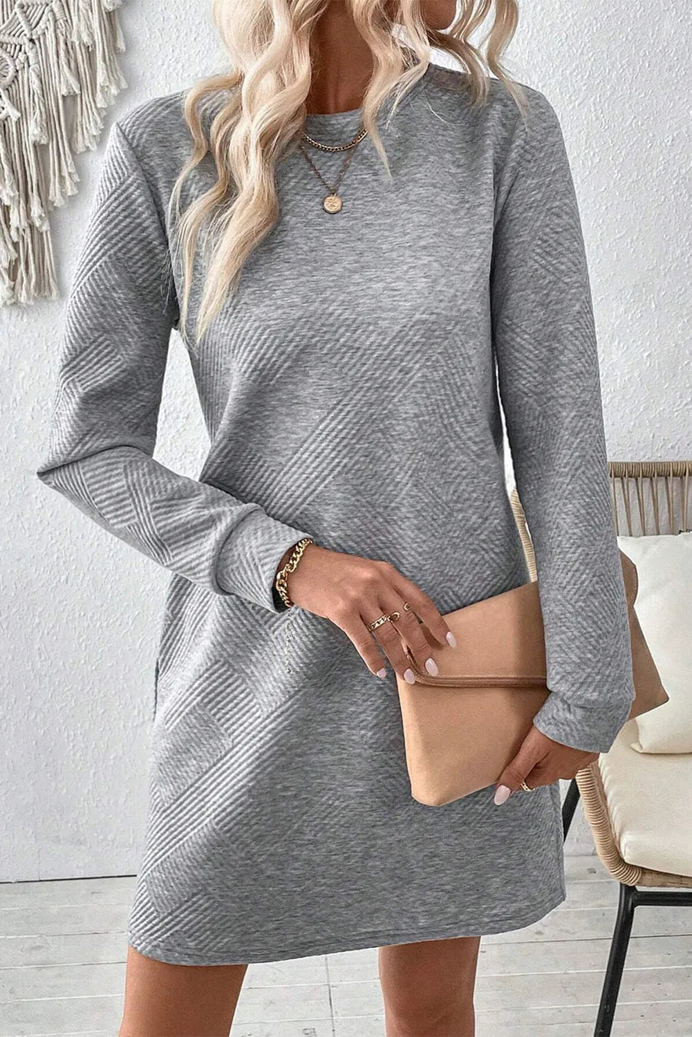 Textured Round Neck Long Sleeve Mini Dress 3096d8f5-971b-4546-8db6-8f870a363ddc-Max Glownestbest