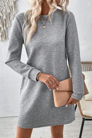 Textured Round Neck Long Sleeve Mini Dress 3096d8f5-971b-4546-8db6-8f870a363ddc-Max Glownestbest