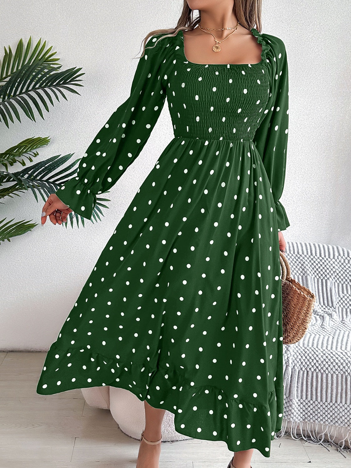 Polka Dot Flounce Sleeve Midi Dress Dark Green 30c4bfb4-2dd5-4de4-9a92-4e1fe1325661-Max Glownestbest