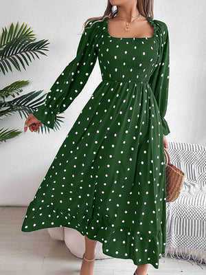 Polka Dot Flounce Sleeve Midi Dress Dark Green 30c4bfb4-2dd5-4de4-9a92-4e1fe1325661-Max Glownestbest
