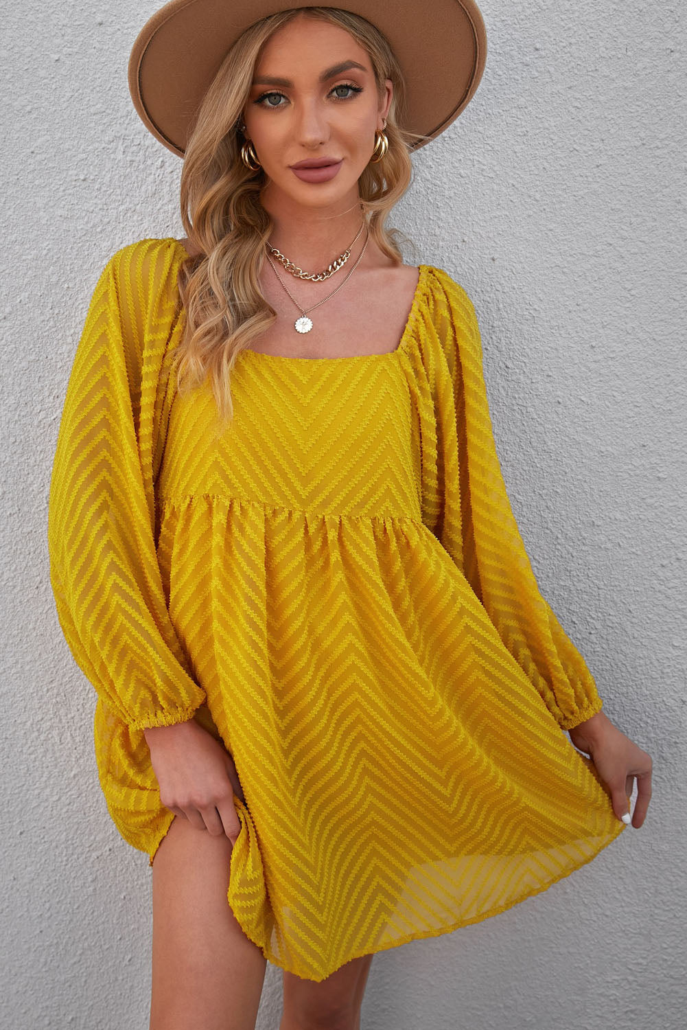 Textured Square Neck Mini Dress Yellow 31773c58072a4ab9930775fe8eb6a1ce-Max Glownestbest