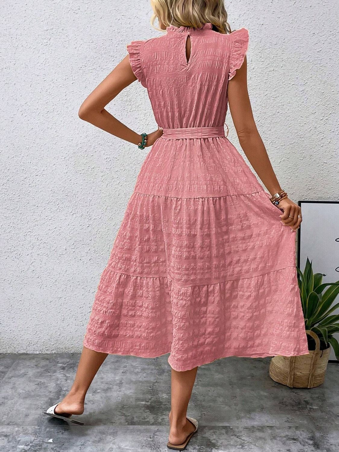 Tied Ruffled Cap Sleeve Midi Dress 319e97ad-c3b9-44ad-93ad-fbad57af508b-Max Trendsi