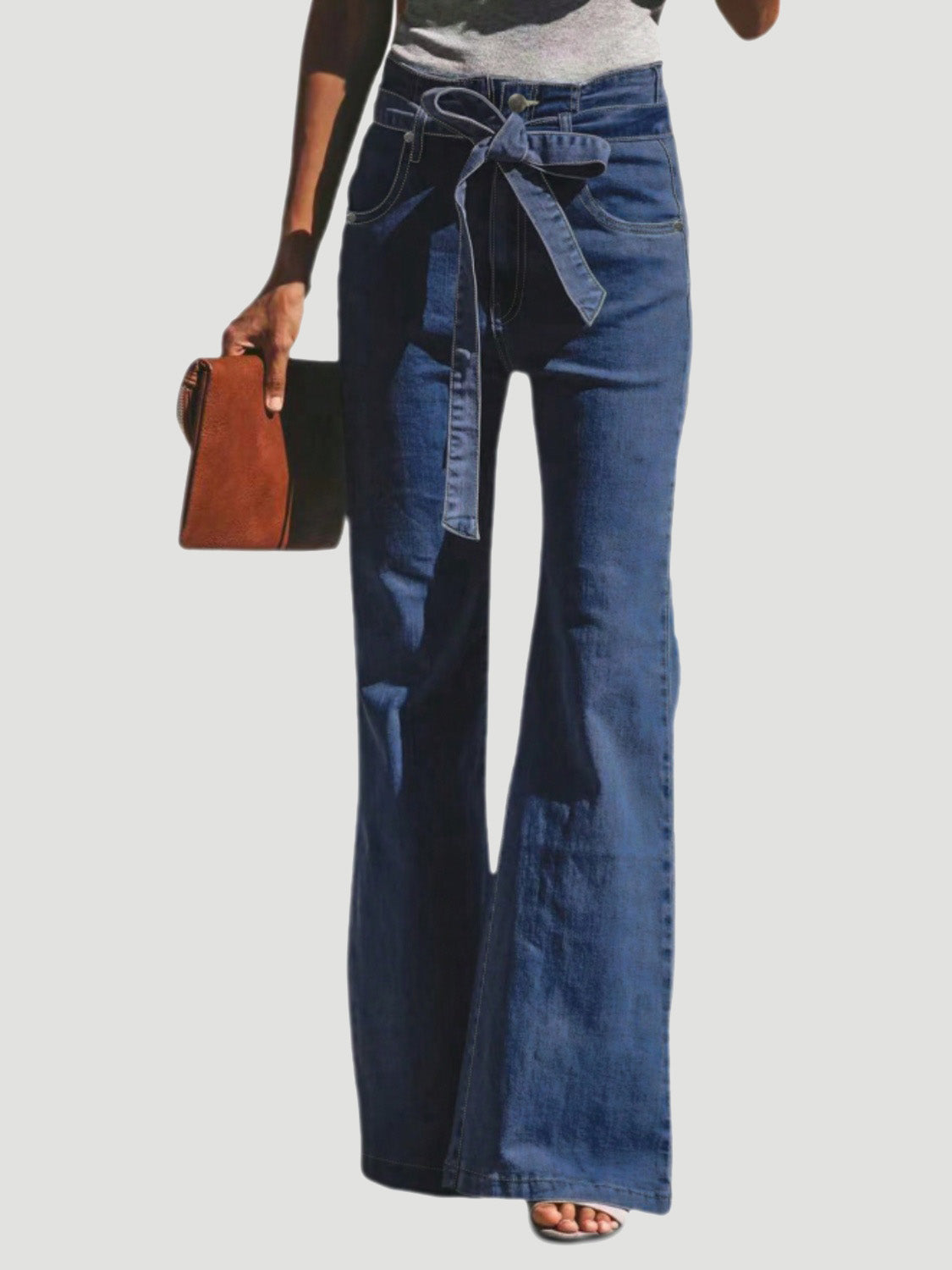 Tied Flare Jeans with Pockets Navy 31d81be8-339c-40c1-83c8-6386a7734b49-Max Trendsi