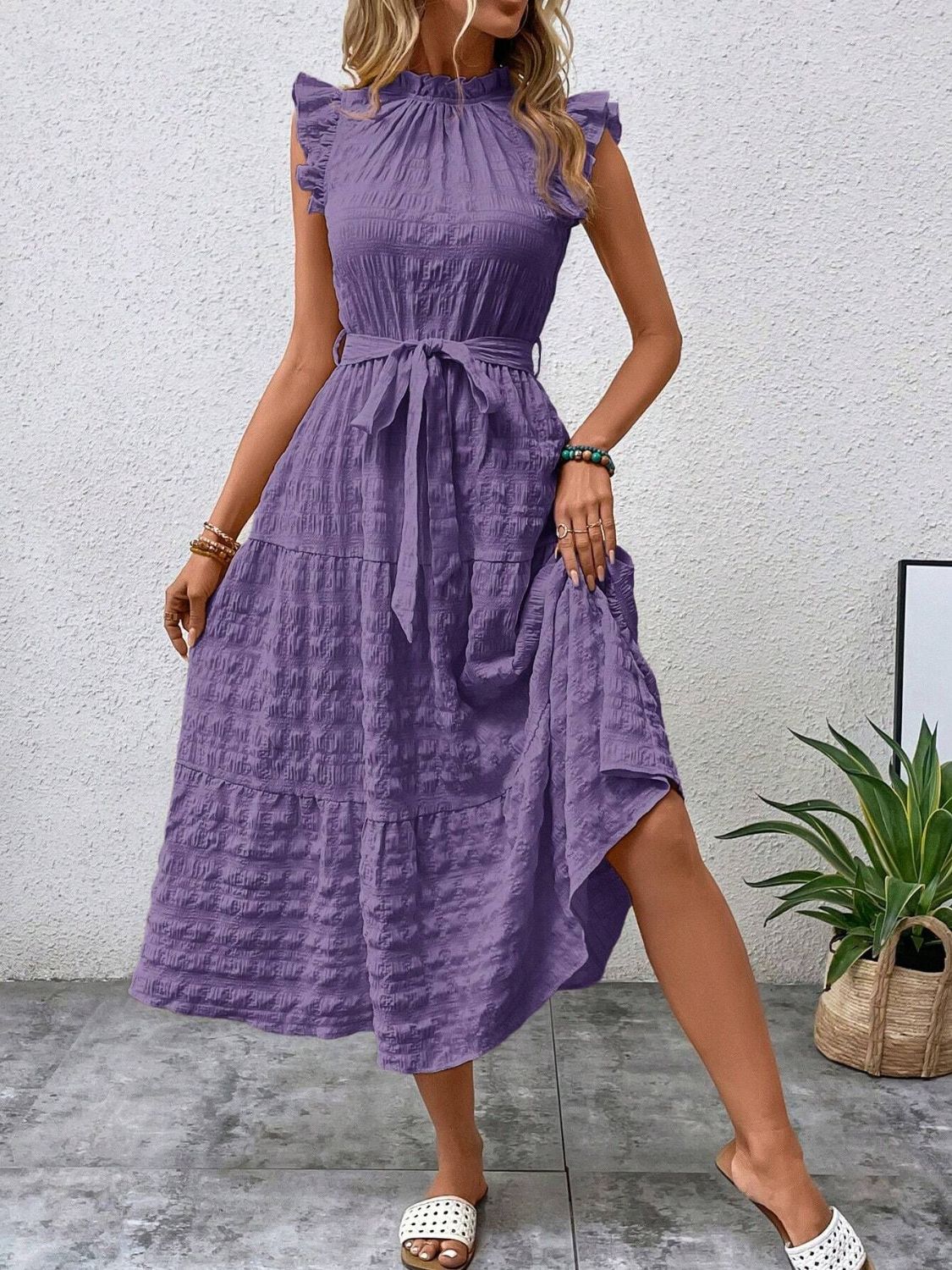 Tied Ruffled Cap Sleeve Midi Dress 31dad490-7347-4ab5-9544-298fa2f968d2-Max Trendsi