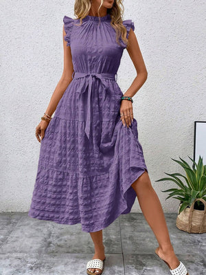 Tied Ruffled Cap Sleeve Midi Dress 31dad490-7347-4ab5-9544-298fa2f968d2-Max Trendsi