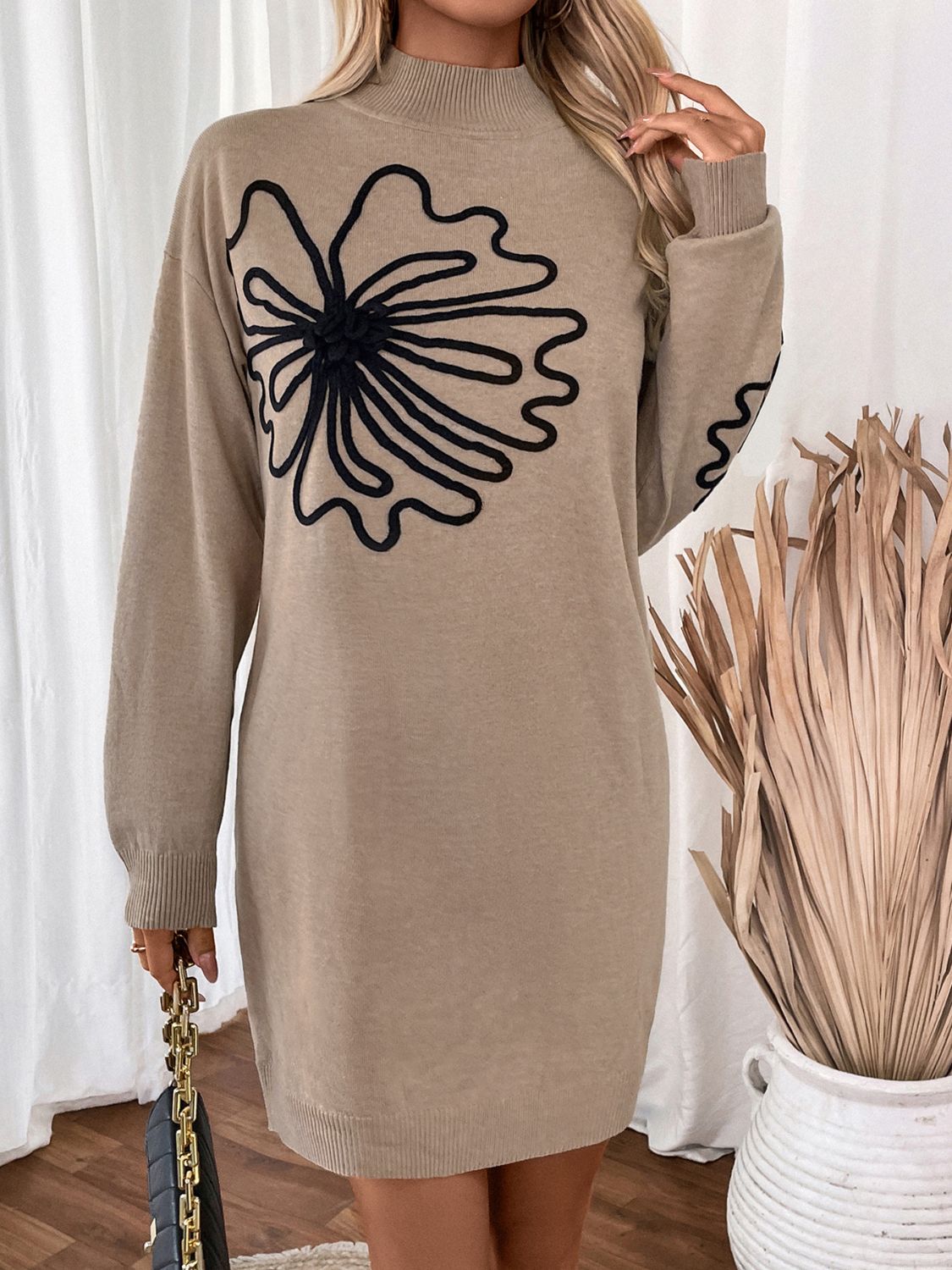 Perfee Flower Mock Neck Long Sleeve Sweater Dress 31e04db5-93ff-49b8-a9a4-6179d6f75d88-Max Glownestbest