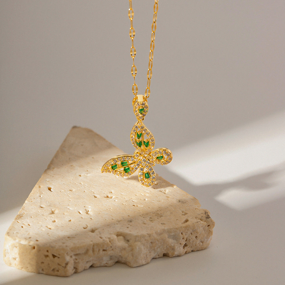 18K Gold Exquisite Dazzling Inlaid White Green Zircon Hollow Butterfly Design Pendant Necklace 321a609c-3ed2-4fff-abd6-832fe0114380 Artshiney
