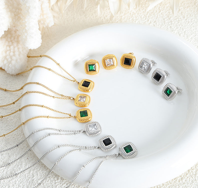 18K Gold Fashionable Retro Square Inlaid Gem Design Court Style Earrings Necklace Set 32cdbcfb-5631-4523-9b13-c254ab77b779 Artshiney