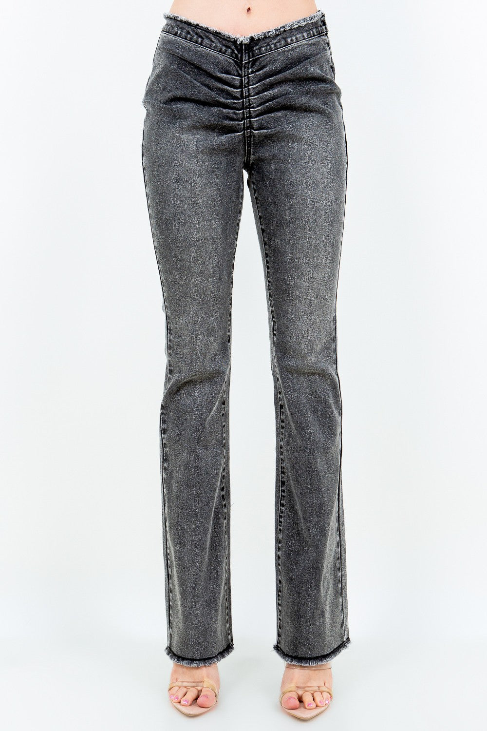 American Bazi V-Cut Ruched Flare Pants Black 32fa3205-1217-457e-b297-19b9a57592c8-Max Trendsi