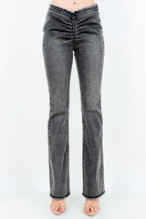 American Bazi V-Cut Ruched Flare Pants Black 32fa3205-1217-457e-b297-19b9a57592c8-Max Trendsi