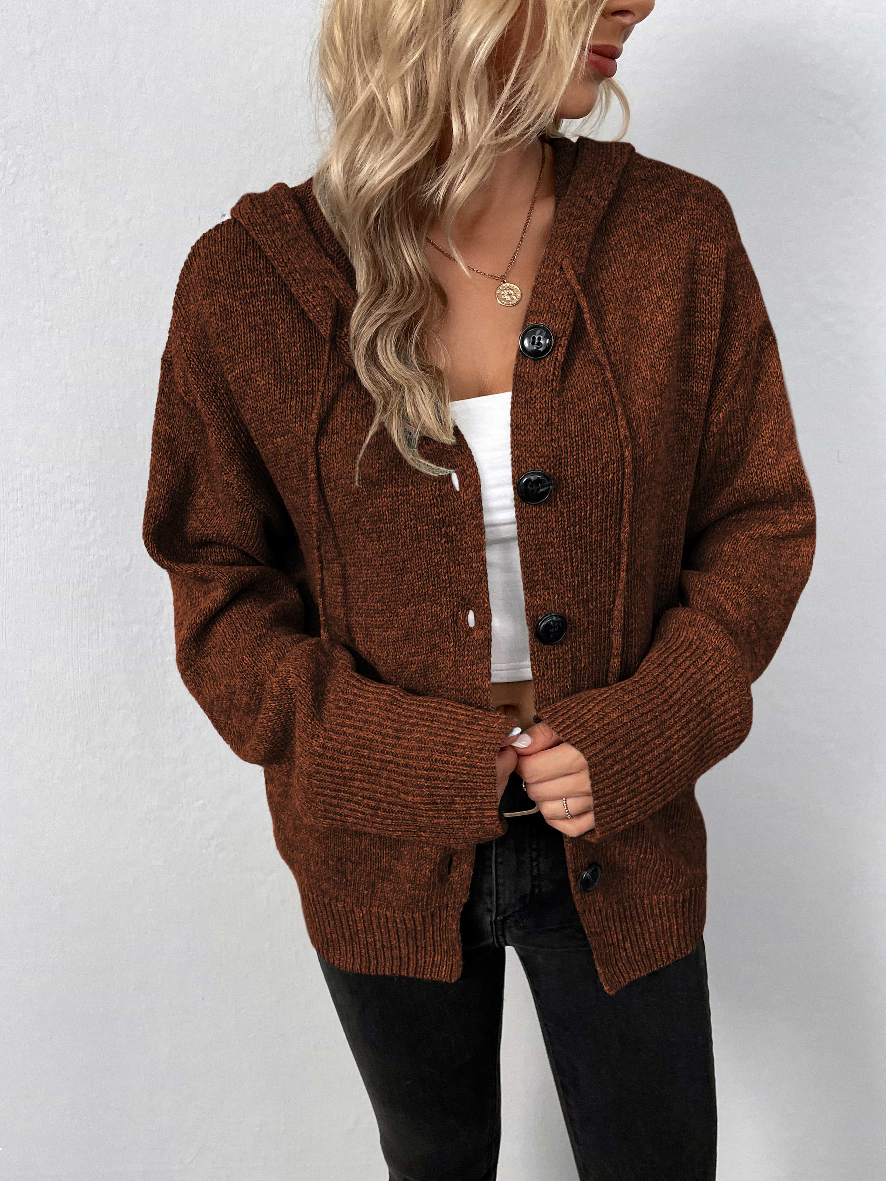 Glownestbest® | Button-Down Long Sleeve Hooded Sweater Brown 32facf3d1e4b4e02a03600e452ff0a04-Max Glownestbest