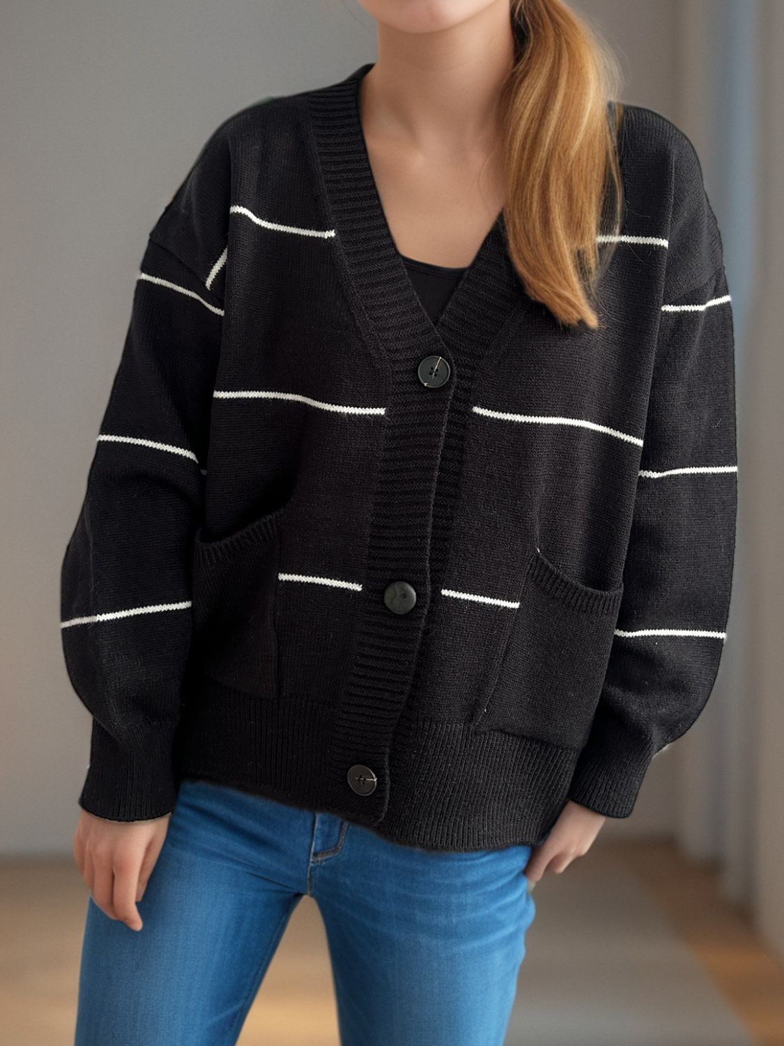 Striped Button Down V-Neck Long Sleeve Cardigan Black One Size 332eb945-557b-40c8-ae03-c96fbe0ffddd-Max Glownestbest