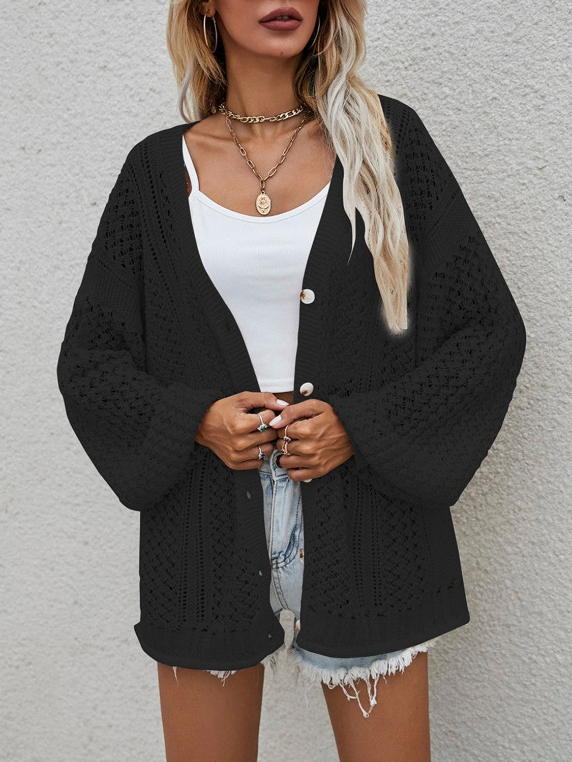 Glownestbest® | Openwork Button Front Cardigan 33b871512a4941388bd57b4628bed7e0-Max Glownestbest