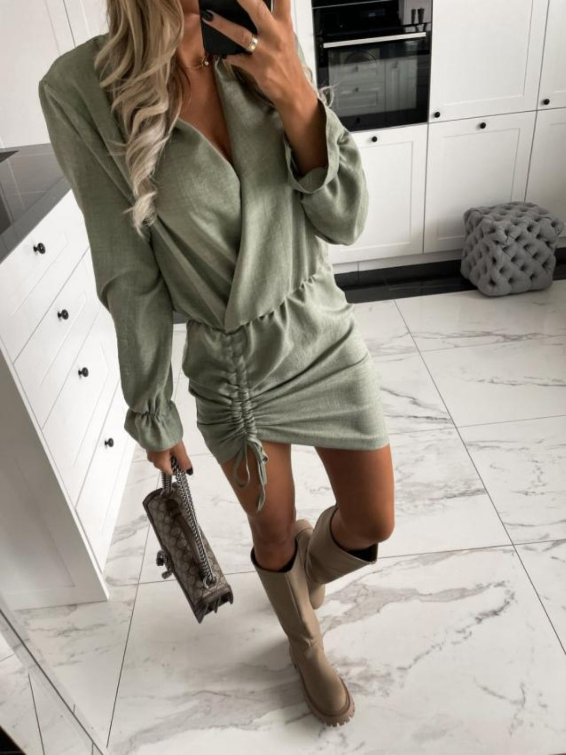 Drawstring Long Sleeve Mini Dress 343a712a-0802-4bd0-b1fc-80842ebf87b1-Max Glownestbest