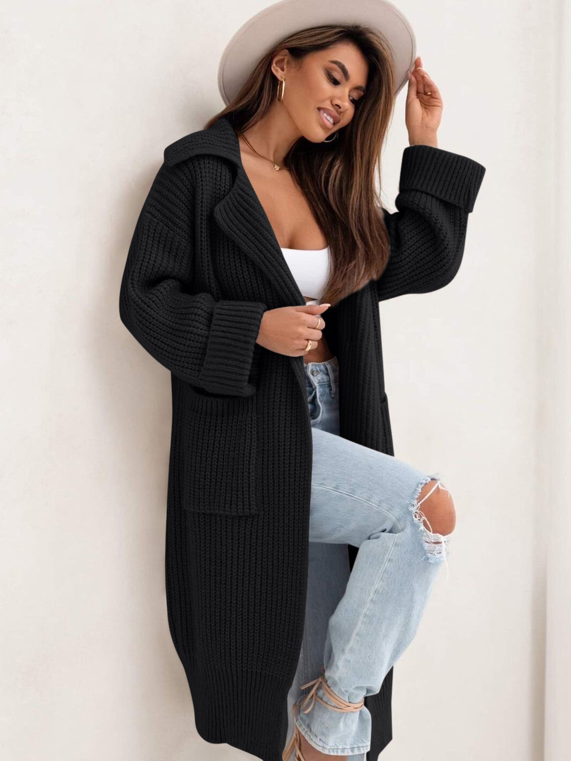 Pocketed Collared Neck Dropped Shoulder Cardigan Black One Size 343a87fa-b7ab-4b80-9d17-f8d8666b598c-Max Glownestbest