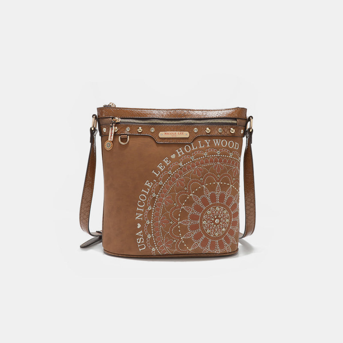Nicole Lee USA Metallic Stitching Embroidery Inlaid Rhinestone Crossbody Bag Brown One Size 34716216-cf19-414e-93d2-e0da96222d33-Max Trendsi