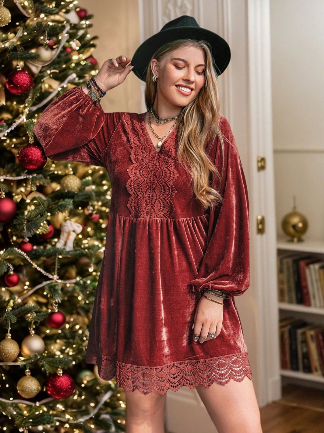 Plus Size Lace Detail V-Neck Long Sleeve Mini Dress Rust 34d1f917-0a30-4fe0-af8d-f624147a1f03-Max Glownestbest