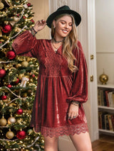 Plus Size Lace Detail V-Neck Long Sleeve Mini Dress Rust 34d1f917-0a30-4fe0-af8d-f624147a1f03-Max Glownestbest