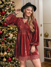 Plus Size Lace Detail V-Neck Long Sleeve Mini Dress Rust 34d1f917-0a30-4fe0-af8d-f624147a1f03-Max Glownestbest