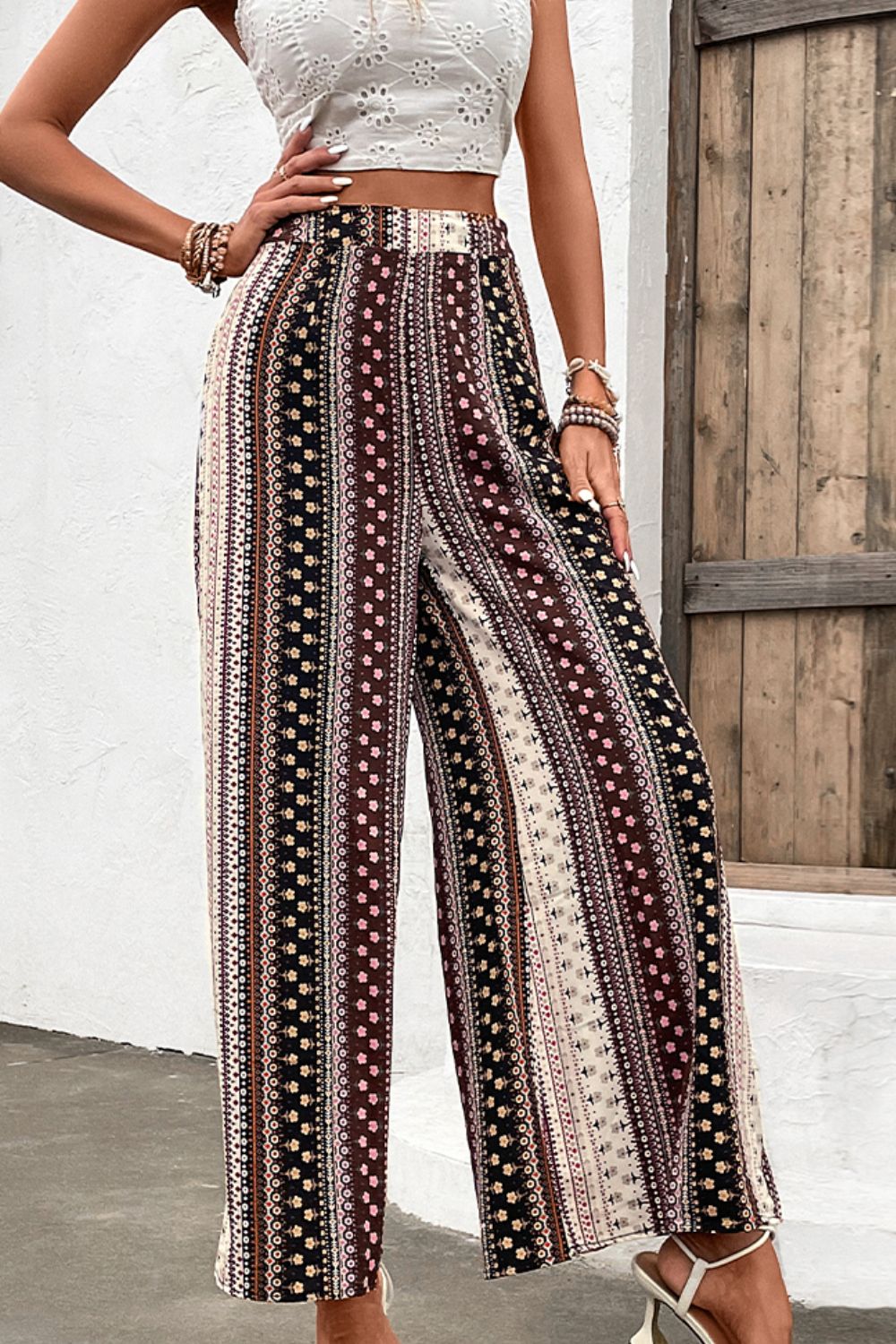 Shiny Floral High Waist Wide Leg Pants 34d6a5b27ed0448f847464802984f552-Max Trendsi