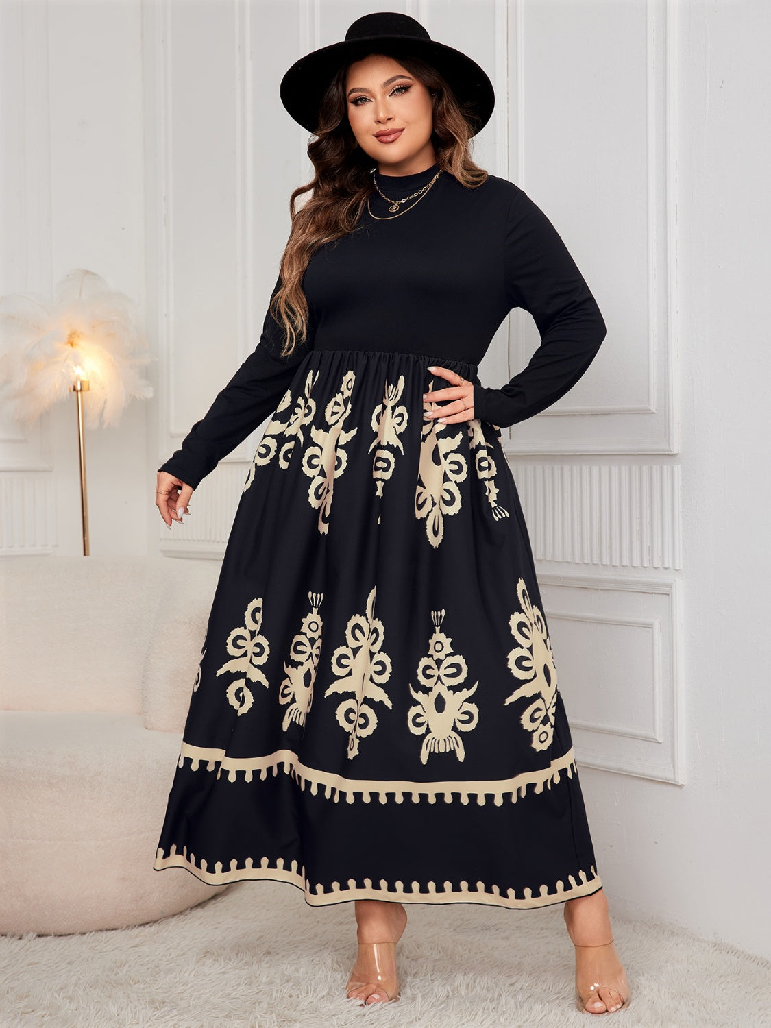 Honey Plus Size Printed Mock Neck Long Sleeve Dress Black 350a3e8f-08e0-4d2f-908e-d3f759a1891c-Max Glownestbest