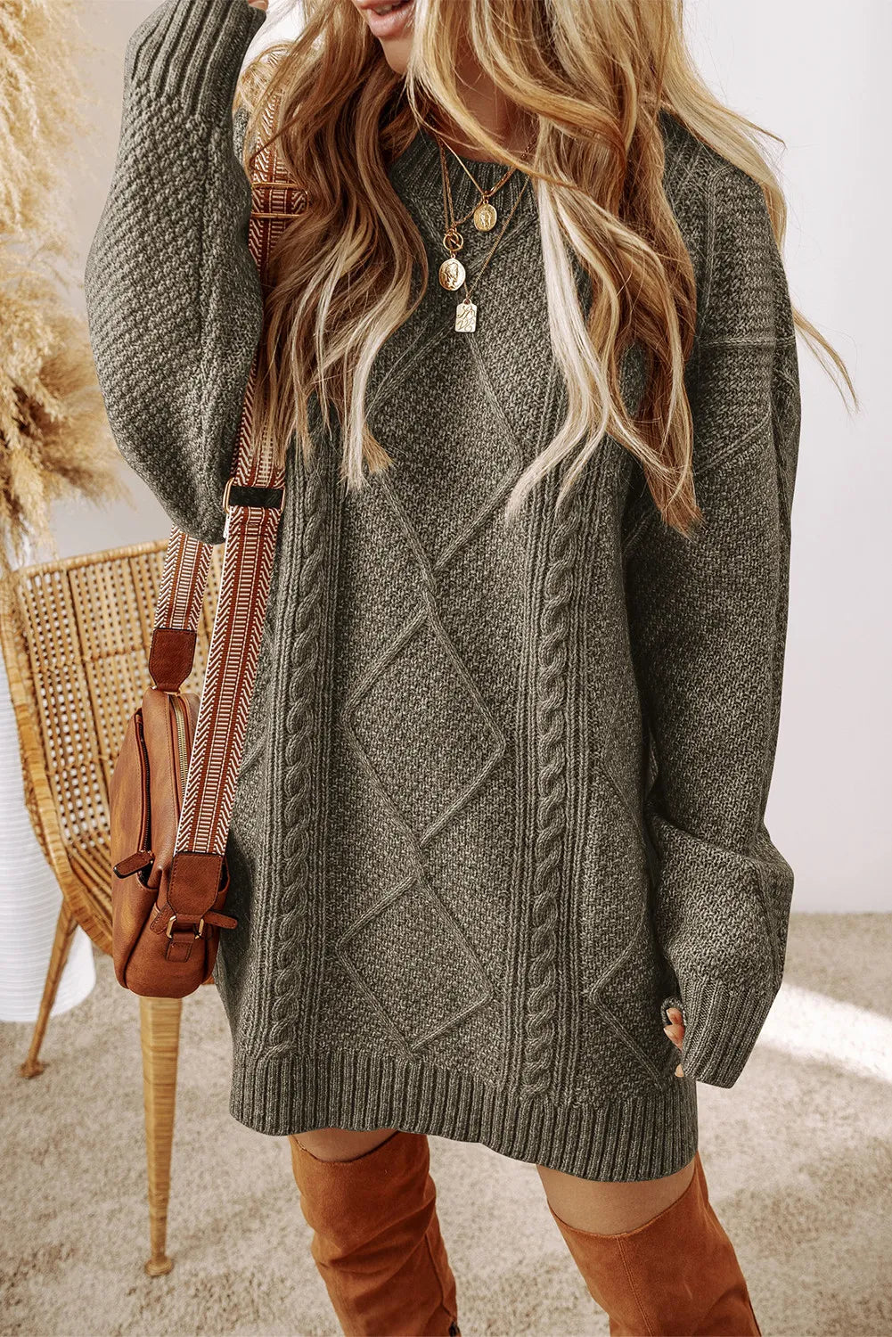 Cable-Knit Round Neck Sweater Dress Sage 3536365a-485e-4815-b659-84d567aff8e7-Max Glownestbest