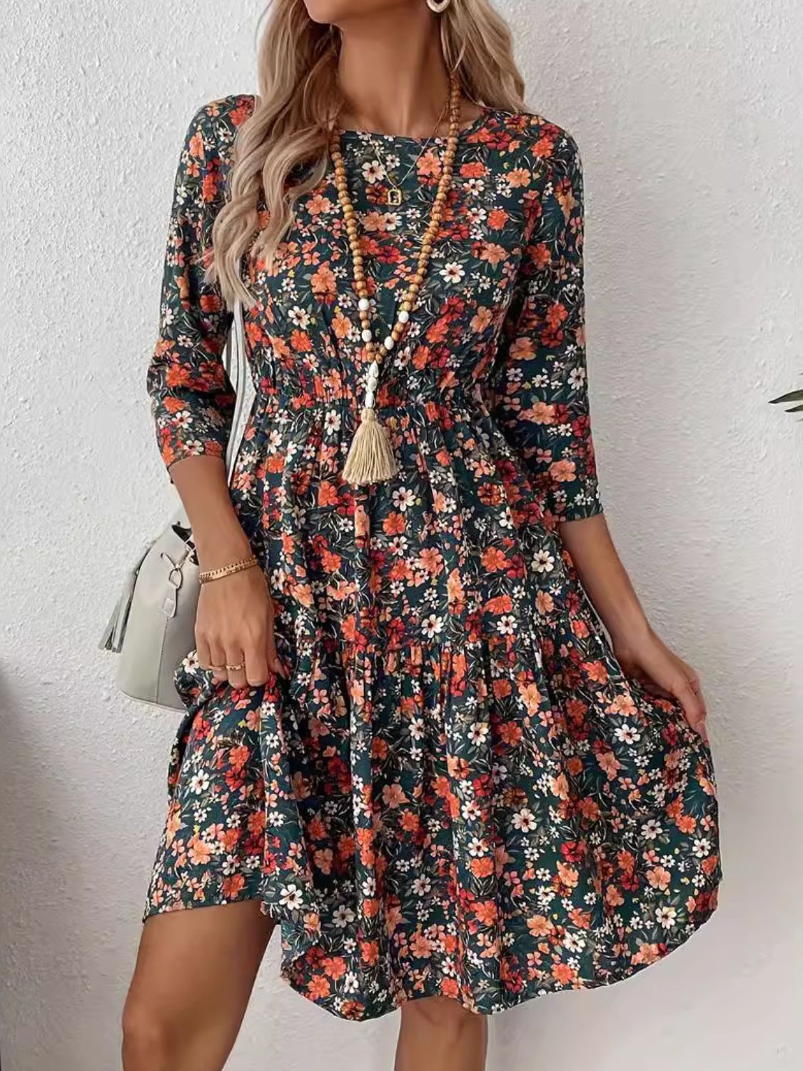 Frill Floral Round Neck Dress Black Forest 355f6d75-3422-4438-8e27-cebf36459297-Max Glownestbest