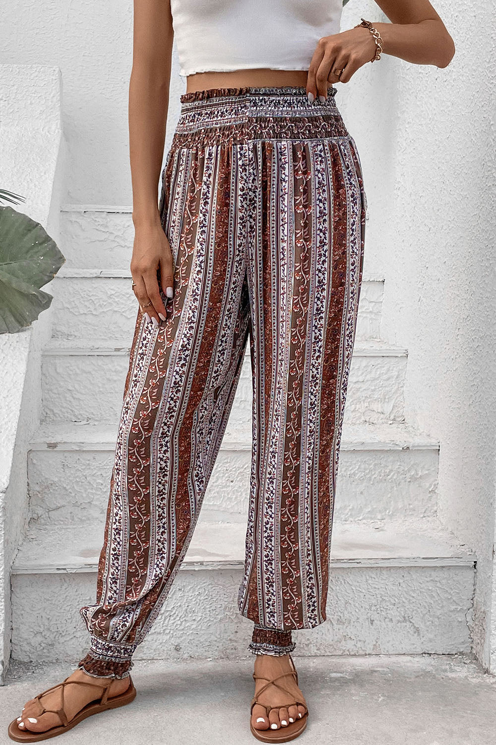 Perfee Smocked Printed High Waist Pants Multicolor 36393548-5349-4afe-89a1-84d173c776f8-Max Trendsi