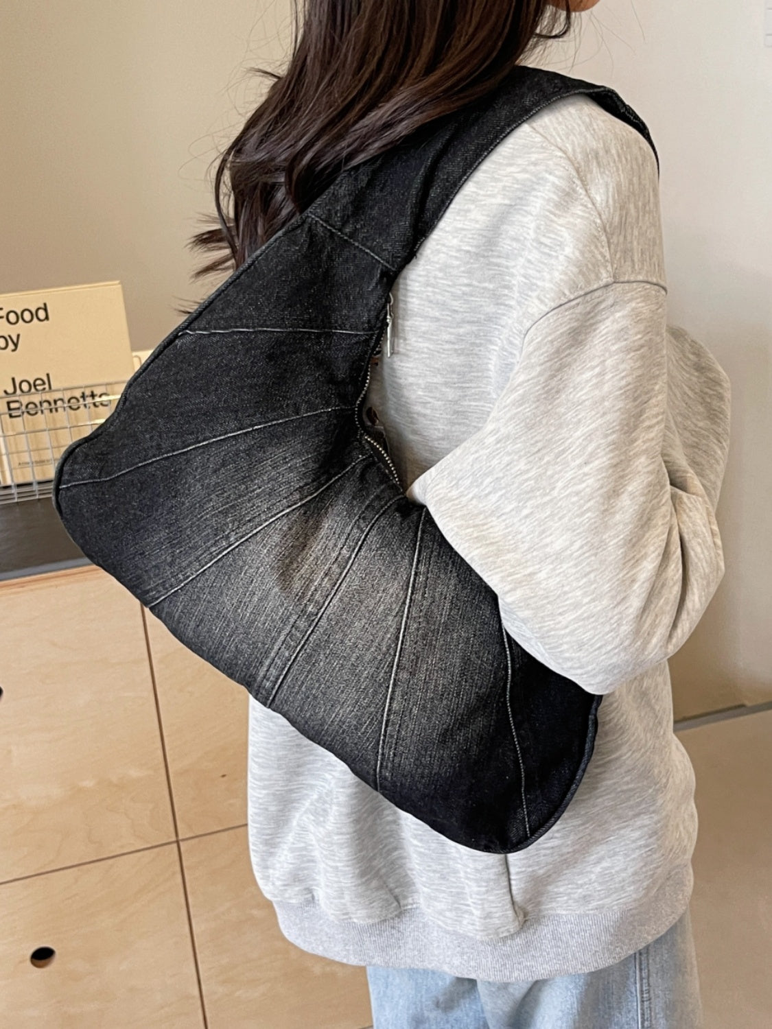 Crescent Shaped Denim Shoulder Bag Black One Size 369af827-a591-47b8-ac10-2701006fac7c-Max Trendsi