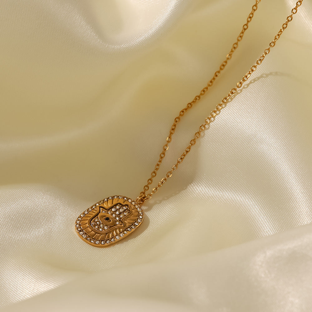 18K Gold Plated Geometric Transparent Zircon Palm Oval Eye Pendant Necklace 36e62934-ad79-4571-a06e-47339ee3f7d1 Artshiney