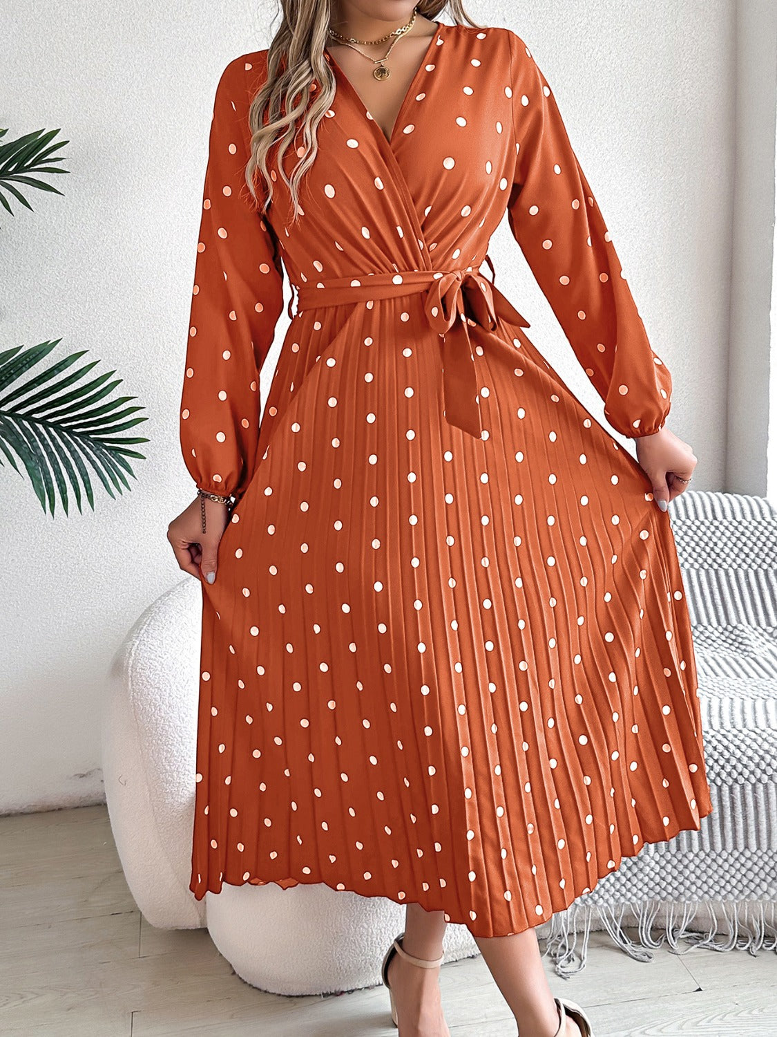 Tied Polka Dot Long Sleeve Midi Dress 36f71c01-749b-4700-875b-e0b1d0661a42-Max Glownestbest