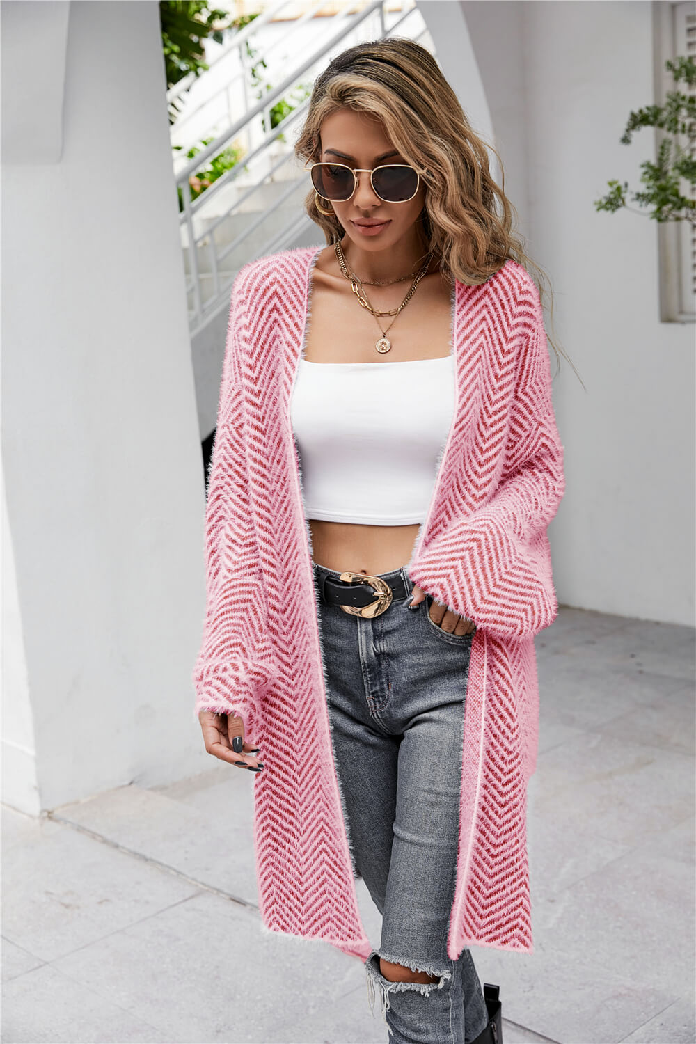 Glownestbest® | Herringbone Pattern Open Front Longline Fuzzy Cardigan Red 372a451e91f04a83ae8d9356a49c4f4c-Max Glownestbest