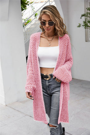 Glownestbest® | Herringbone Pattern Open Front Longline Fuzzy Cardigan Red 372a451e91f04a83ae8d9356a49c4f4c-Max Glownestbest