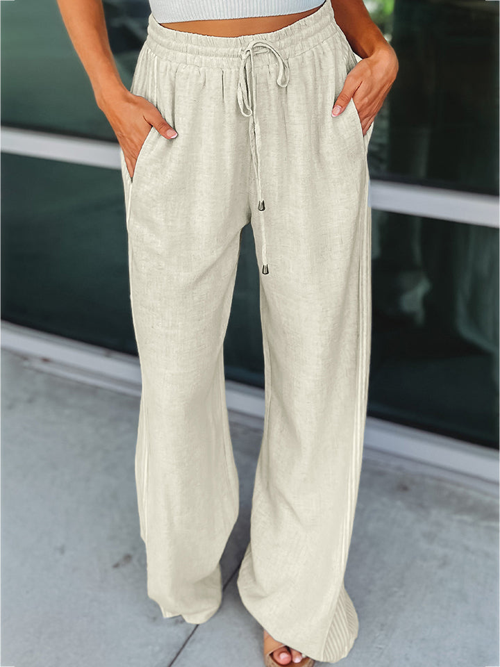 Drawstring Wide Leg Pants White 380090582c0943bb88bc184ec70cb8c1-Max Trendsi