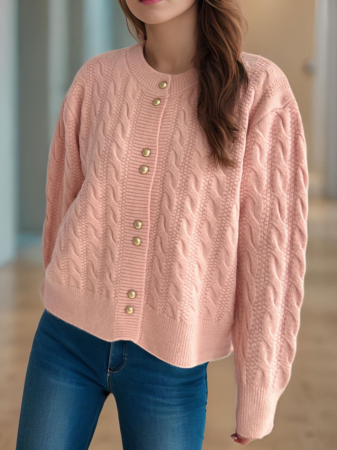 Cable-Knit Round Neck Long Sleeve Cardigan 388264e3-430f-49f0-bf26-73c589ca1d3a-Max Glownestbest