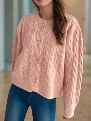 Cable-Knit Round Neck Long Sleeve Cardigan 388264e3-430f-49f0-bf26-73c589ca1d3a-Max Glownestbest