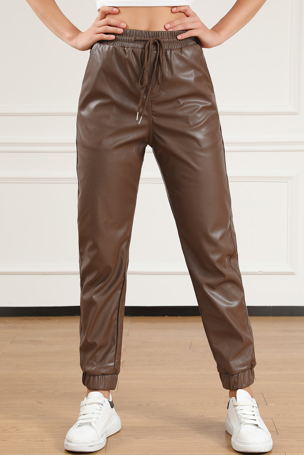 Drawstring PU Leather Pants 38c2d665e97f48d1aa2b7d04ff7f000e-Max Trendsi