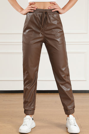 Drawstring PU Leather Pants 38c2d665e97f48d1aa2b7d04ff7f000e-Max Trendsi