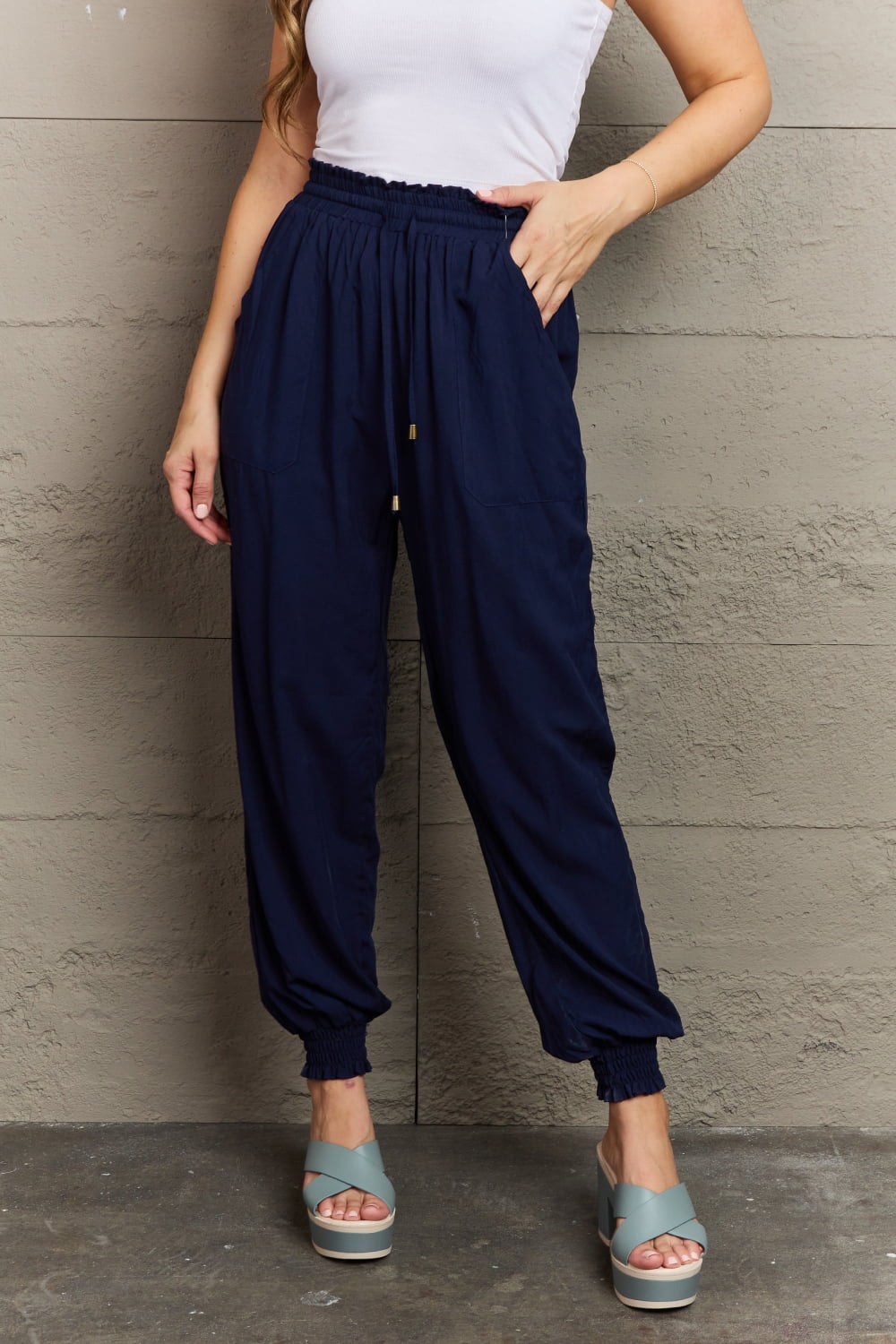 Tied Long Joggers with Pockets Dark Blue 3907574781e3474e94f9529becee3dda-Max Trendsi