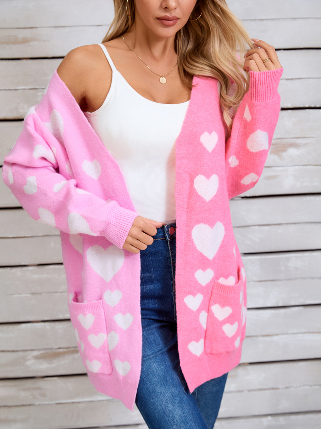 Heart Open Front Long Sleeve Cardigan Pink 39b4e9b9-c866-456d-abee-8841e93a2352-Max Glownestbest