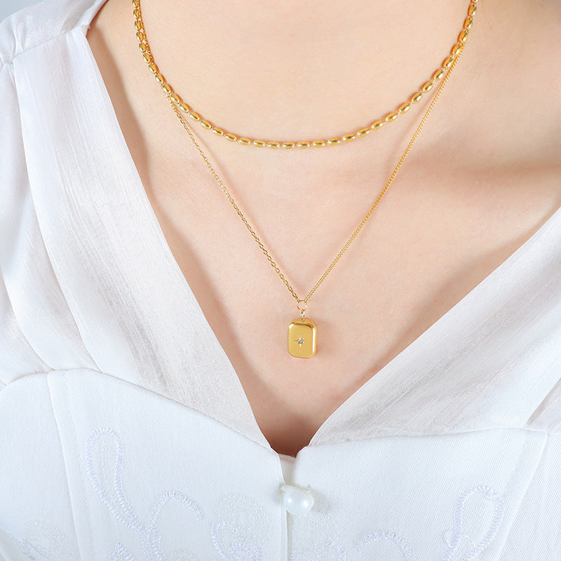 18K gold exquisite and noble square with double layer stacking design pendant necklace 3af3bc88-5453-4ea0-89ff-318ab42362d2 Artshiney