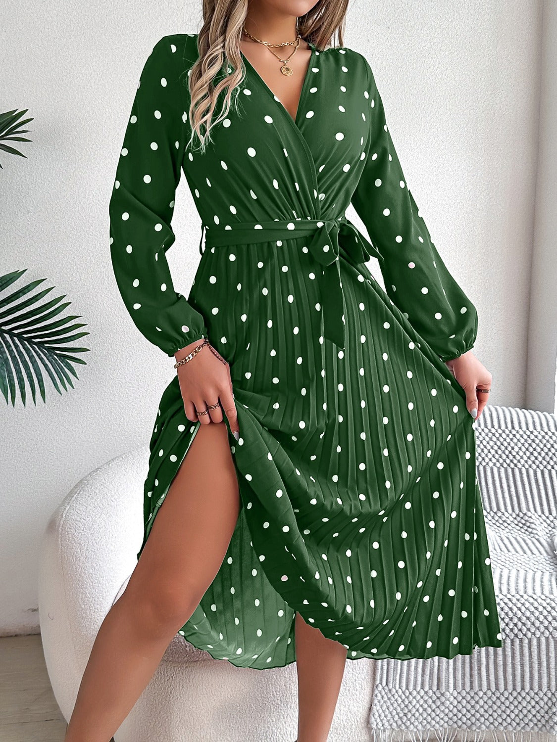 Tied Polka Dot Long Sleeve Midi Dress 3b8ab3bd-d82e-4853-89c8-530f30b56bea-Max Glownestbest