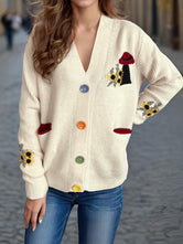 Contrast Button V-Neck Long Sleeve Cardigan Cream One Size 3b9b03c9-ca4c-40f7-a134-c0ea68cfa4dd-Max Glownestbest