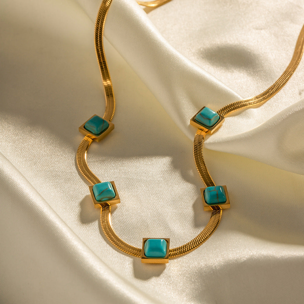 18K Gold Noble Fashion Matching Square Blue Malachite Versatile Necklace 3bef79b1-216a-48b0-9307-b2dc1623a94a Artshiney
