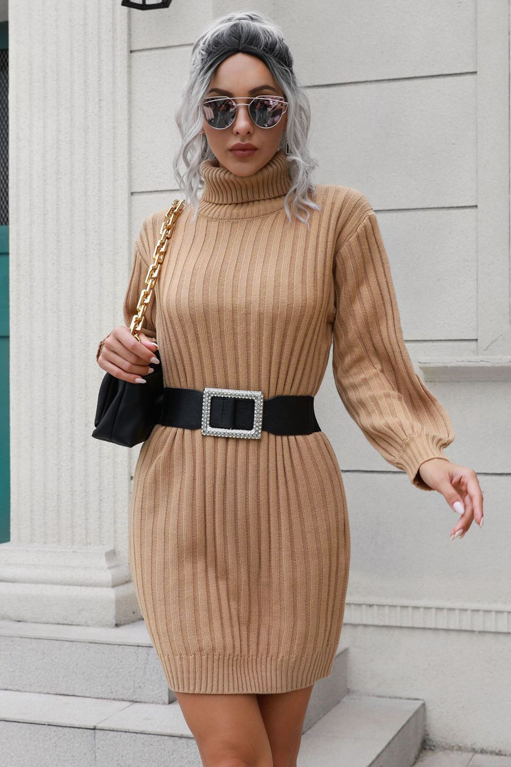 Ribbed Turtle Neck Long Sleeve Mini Sweater Dress 3bf5a3e14add4309a774f3063e72a71f-Max Glownestbest
