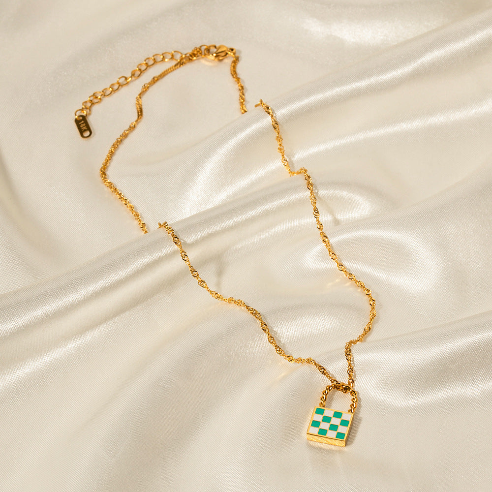 18K Novel Fashion Checker Checker Green and White Design Versatile Pendant Necklace 3c186f72-fe4d-4e03-b95b-616d301469d2 Artshiney